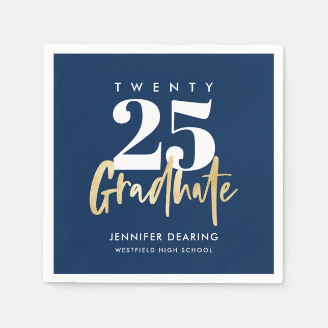 Modern Gold Calligraphy Photo Blue Graduation Napkins (Front)