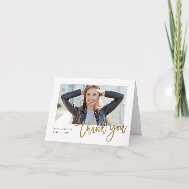 Modern Gold Calligraphy Photo Graduation Thank You Card (Front)