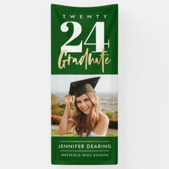Modern Gold Calligraphy Photo Green Graduation Banner by JAmberDesign at Zazzle