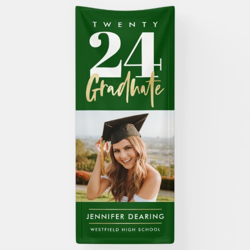 Modern Gold Calligraphy Photo Green Graduation Banner