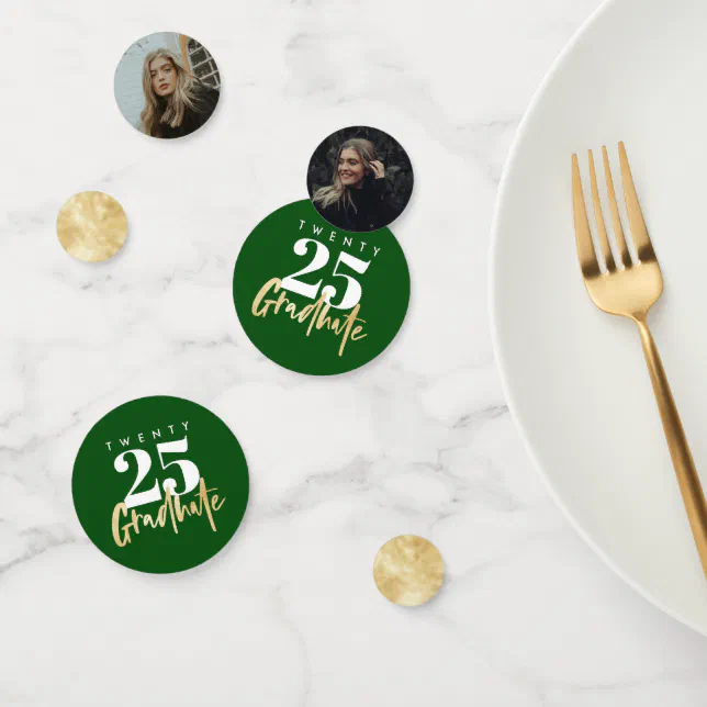 Modern Gold Calligraphy Photo Green Graduation Confetti | Zazzle