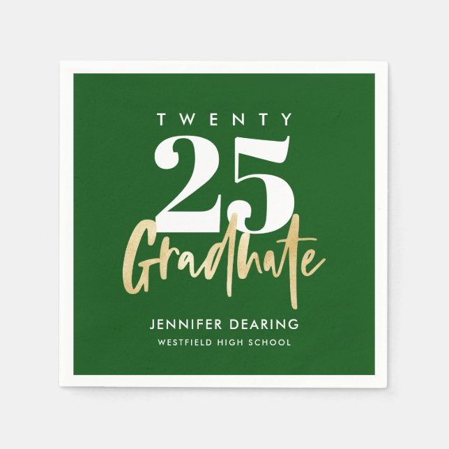 Modern Gold Calligraphy Photo Green Graduation Napkins (Front)