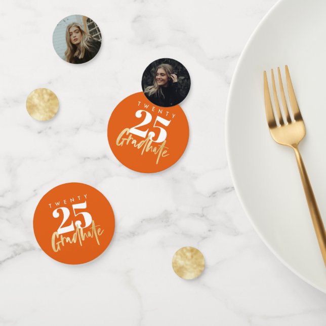 Modern Gold Calligraphy Photo Orange Graduation Confetti (Group)