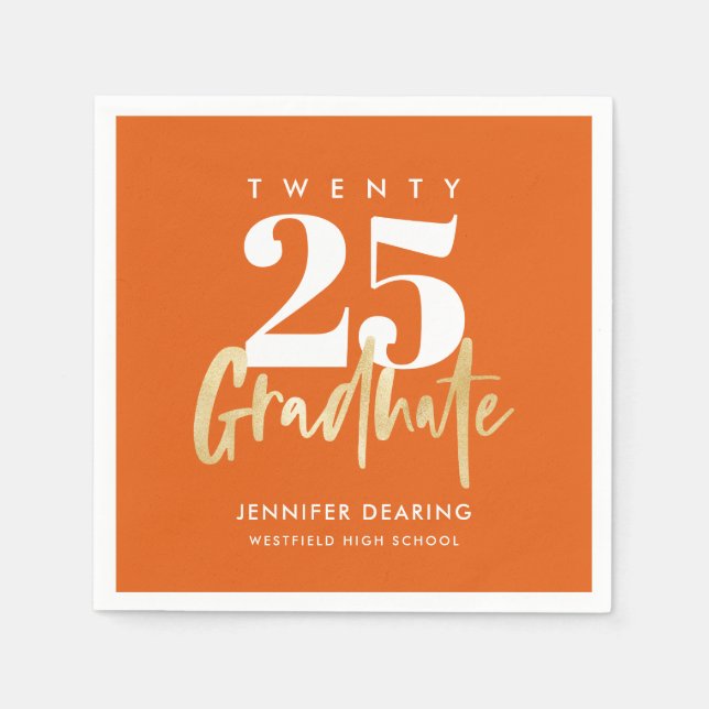 Modern Gold Calligraphy Photo Orange Graduation Napkins (Front)