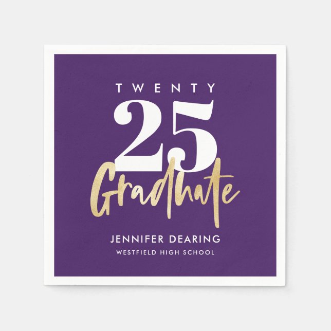 Modern Gold Calligraphy Photo Purple Graduation Napkins (Front)