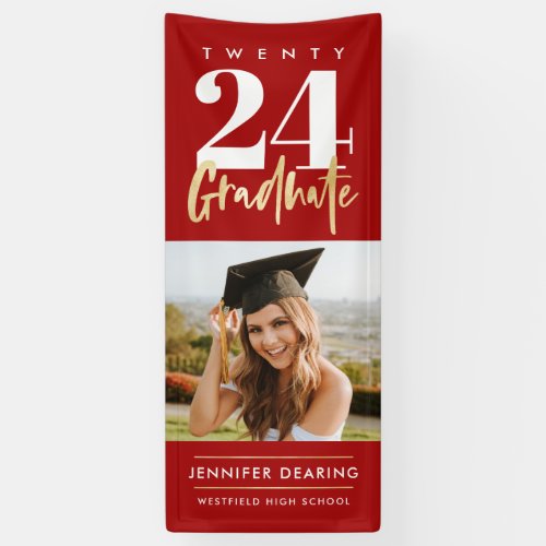 Modern Gold Calligraphy Photo Red Graduation Banner