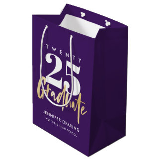Modern Gold Calligraphy Purple Graduation Medium Gift Bag
