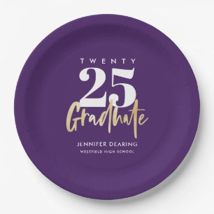 Modern Gold Calligraphy Purple Graduation Paper Plates