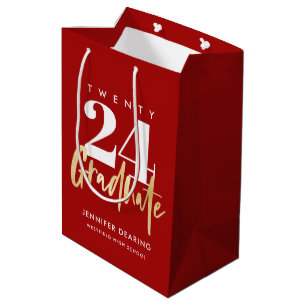 Modern Gold Calligraphy Red Graduation Medium Gift Bag