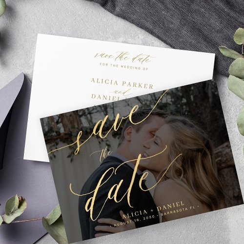 Modern gold calligraphy script photo wedding  save the date