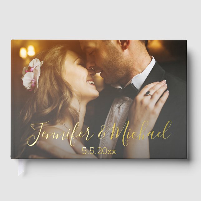 modern gold calligraphy wedding faded photo foil guest book  (Front)