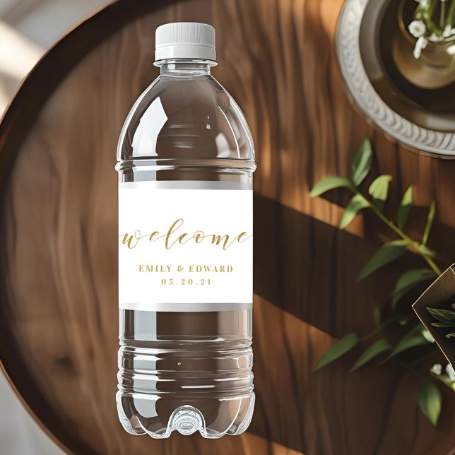 Modern Gold Calligraphy Wedding Favor Welcome Water Bottle Label (Creator Uploaded)