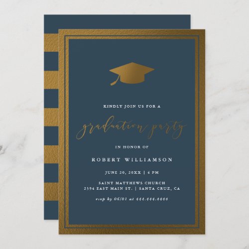 Modern Gold Cap  Navy Graduation Party Invitation