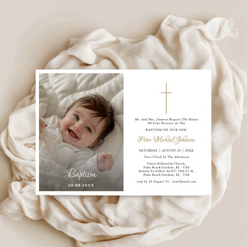 Modern Gold Catholic Religion Infant Baptism Photo Invitation