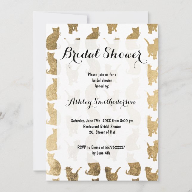 Modern gold cats pattern bridal shower invitation (Front)