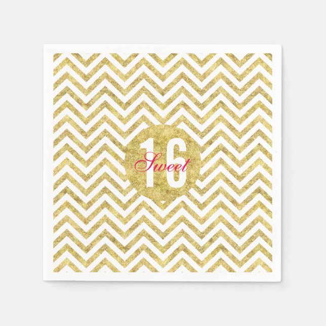 Modern Gold Chevron Stripes Sweet 16 Birthday Paper Napkins (Front)