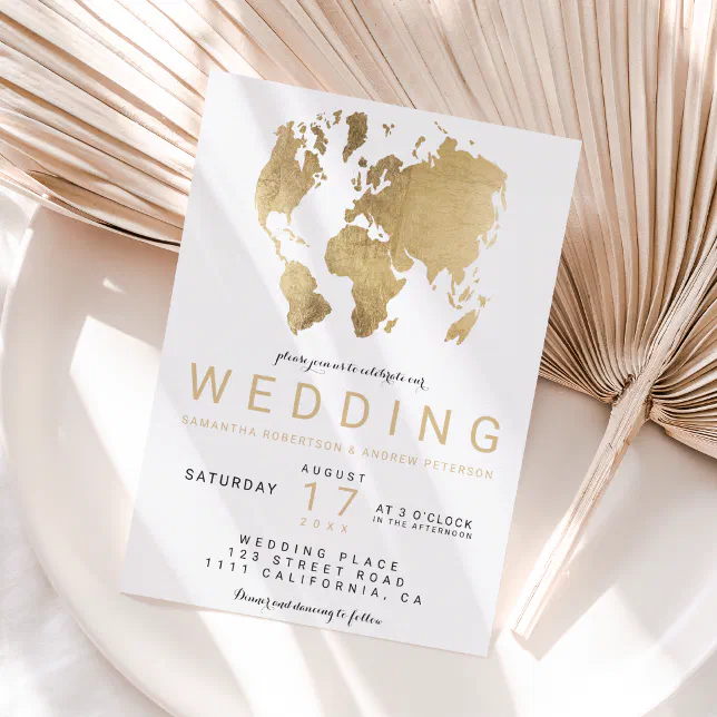 Modern gold chic world map wedding invitation | Zazzle