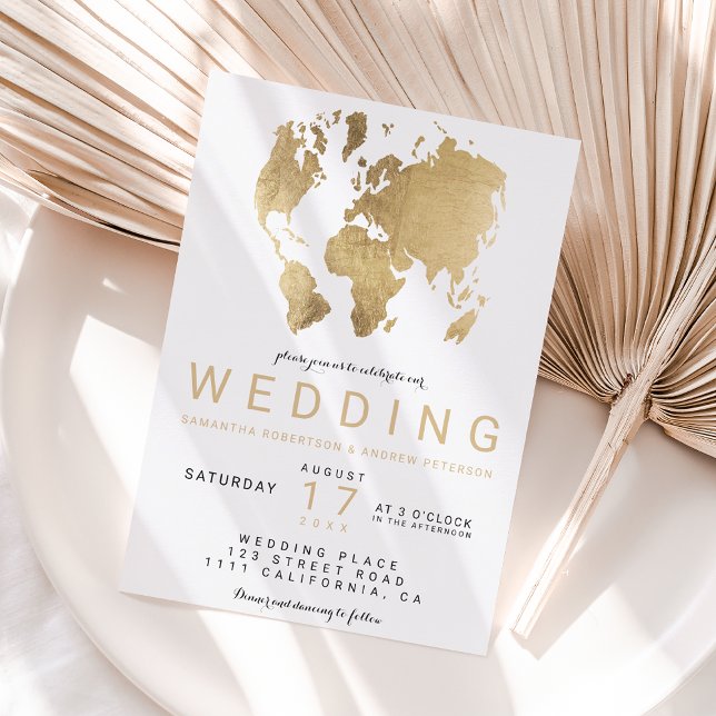 Modern gold chic world map wedding invitation (Creator Uploaded)
