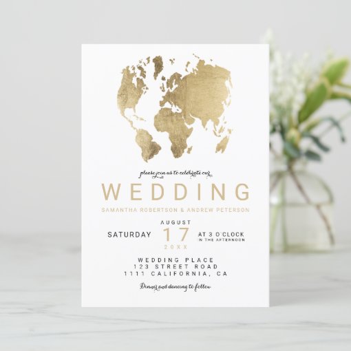 Modern gold chic world map wedding invitation | Zazzle