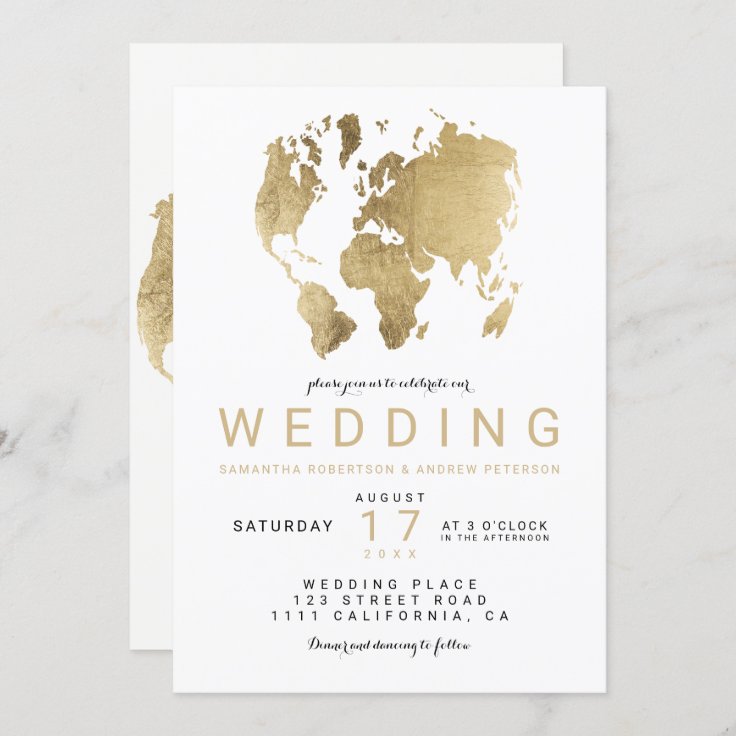 Modern gold chic world map wedding invitation | Zazzle