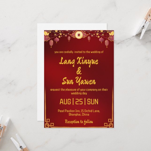 modern gold chinese wedding invitation (Front/Back In Situ)