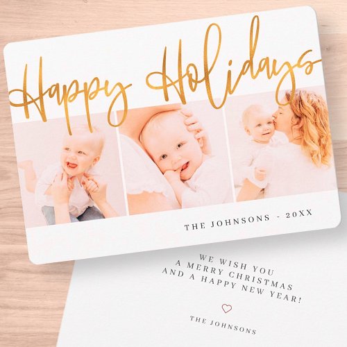 Modern Gold Christmas Greeting Three Photo Holiday Card