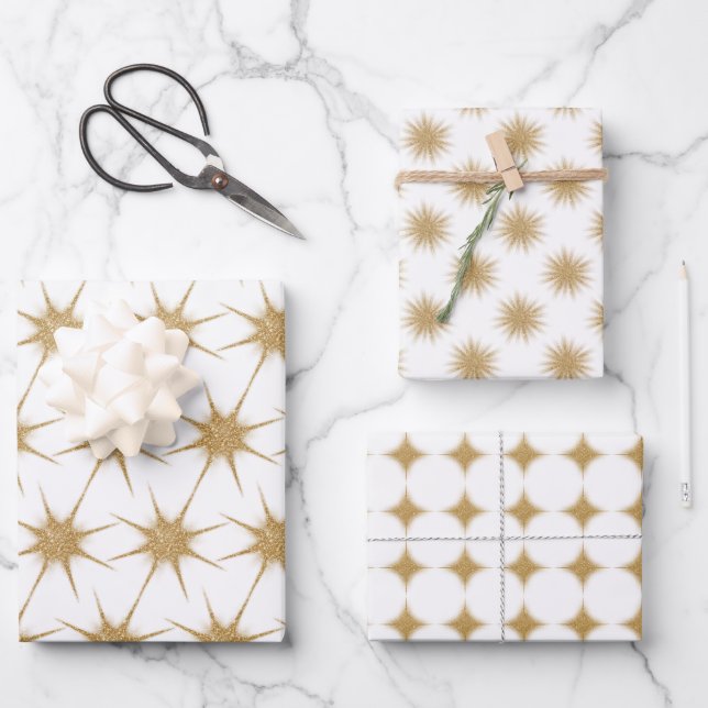 Modern Gold Christmas Stars Wrapping Paper Sheets (Front)