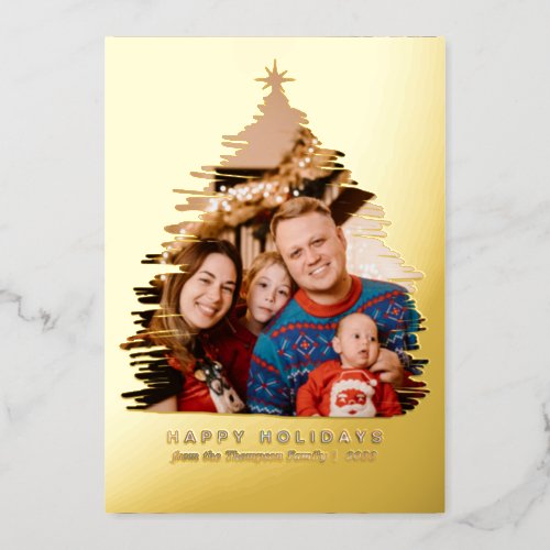 Modern Gold Christmas Tree Frame Photo Foil Holiday Card