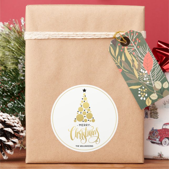 Modern Gold Christmas Tree Holiday  Classic Round Sticker (Holiday)