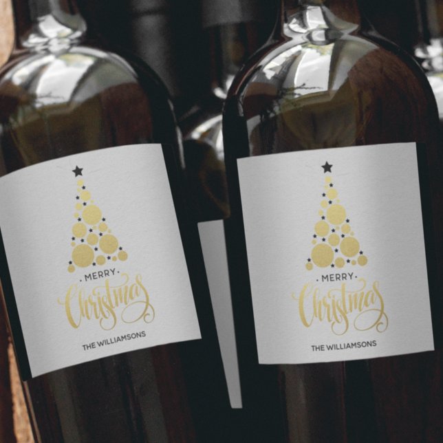 Modern Gold Christmas Tree Holiday Wine Label (Creator Uploaded)