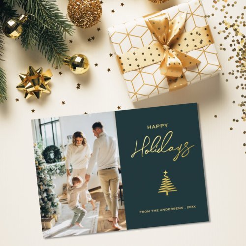 Modern Gold Christmas Tree One Photo Foil Holiday Card