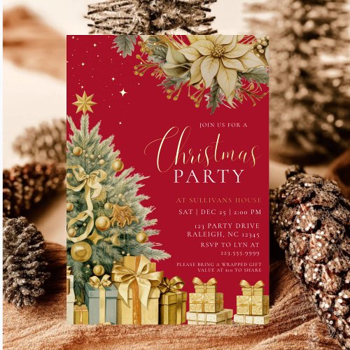 Modern Gold Christmas Tree Wreath Floral Party Foil Invitation