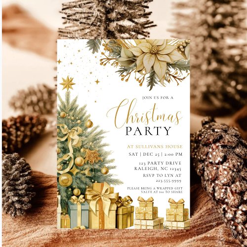 Modern Gold Christmas Tree Wreath Floral Party Invitation