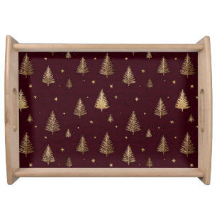 Modern Gold Christmas trees pattern on burgundy Serving Tray