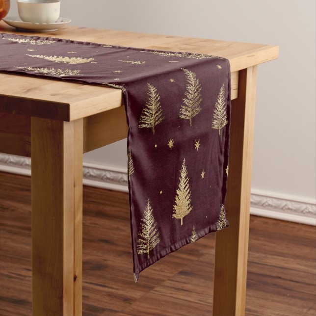 Modern Gold Christmas trees pattern on burgundy Short Table Runner (In Situ)