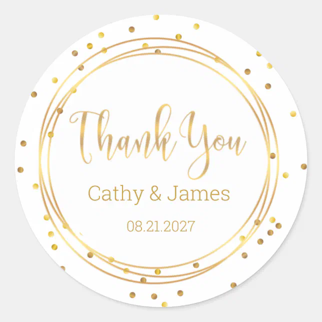 Modern Gold circle and confetti Thank You Classic Round Sticker | Zazzle