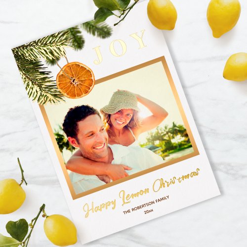 Modern Gold Citrus Christmas Fresh Lemon JOY Photo Foil Holiday Card