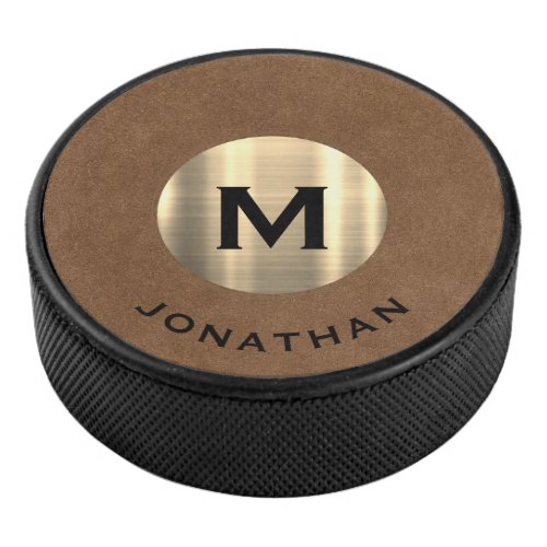 Modern Gold Classic Monogram Name Hockey Puck