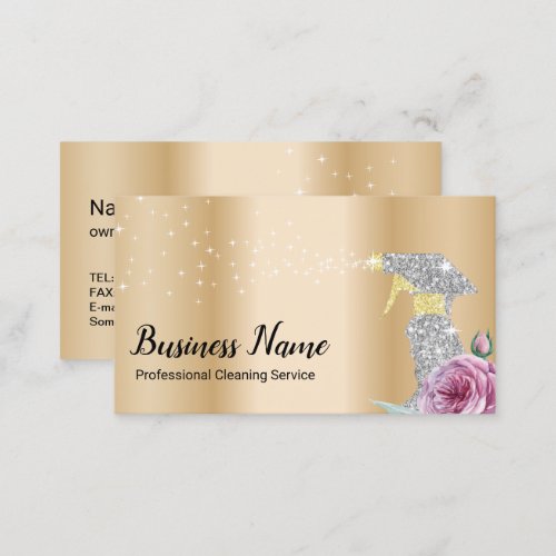 Modern Gold Cleaning Service Silver Spray Floral B Business Card