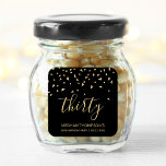 Modern Gold Confetti 30th Birthday Square Sticker<br><div class="desc">Help her celebrate her 30th birthday in style with this simple but elegant design, featuring faux gold triangular confetti sifting down on the word "thirty" in gold handwriting font on a black background. Personalize it with the name of the honoree in gold sans serif font, along with the occasion and...</div>
