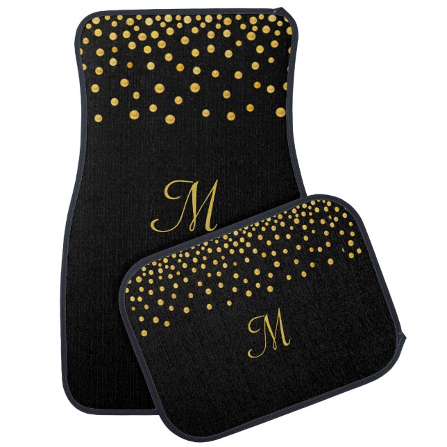 Modern Gold Confetti and Monogram on Black Car Floor Mat (Set)