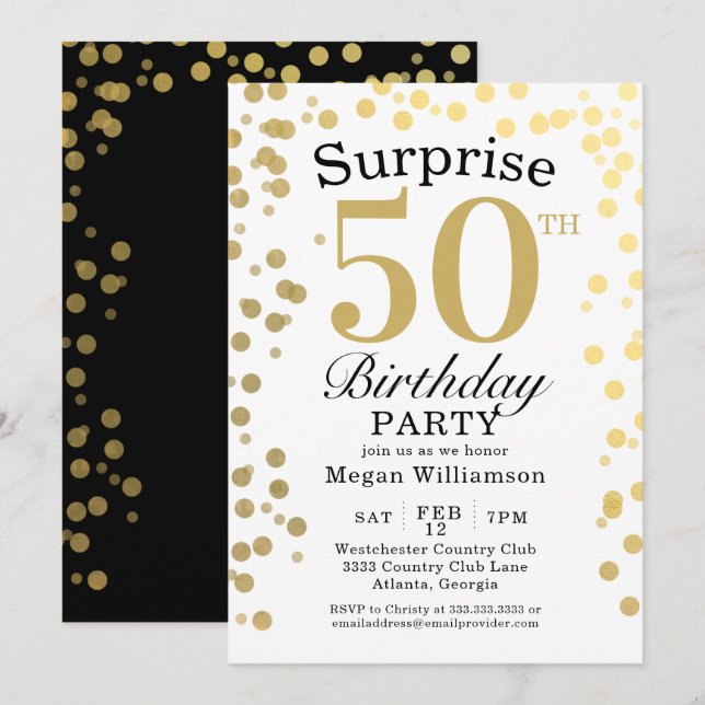 Modern Gold Confetti Black Surprise 50th Birthday Invitation (Front/Back)
