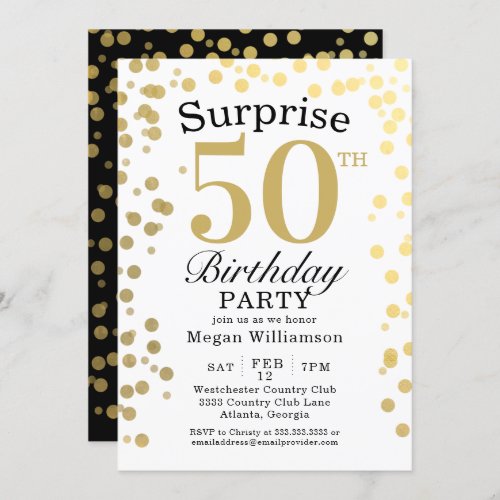 Modern Gold Confetti Black Surprise 50th Birthday Invitation