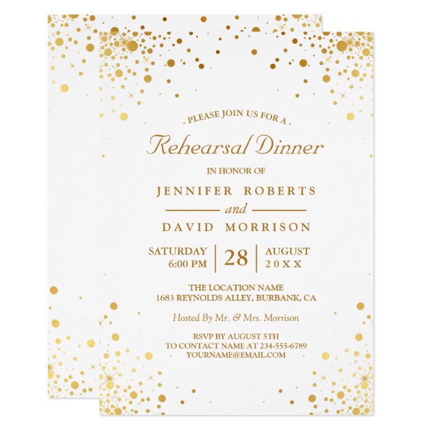 Modern Gold Confetti Dots Wedding Rehearsal Dinner Invitation