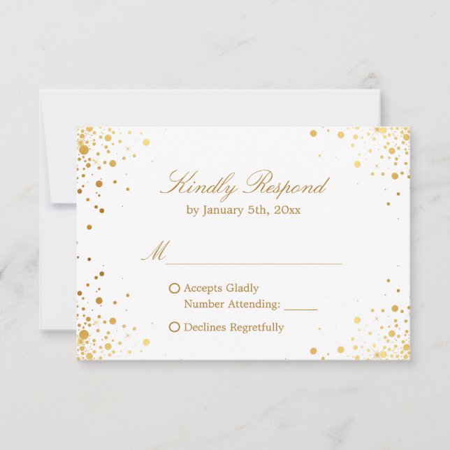 Modern Gold Confetti Dots Wedding RSVP Reply (Front)