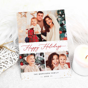 Modern Gold Confetti Happy Holidays Script 3 Photo Holiday Card