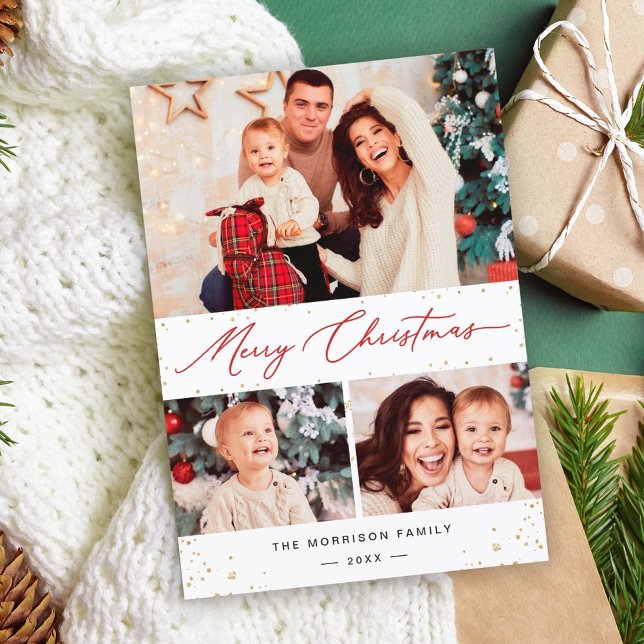Modern Gold Confetti Merry Christmas 3 Photo Holiday Card (Creator Uploaded)