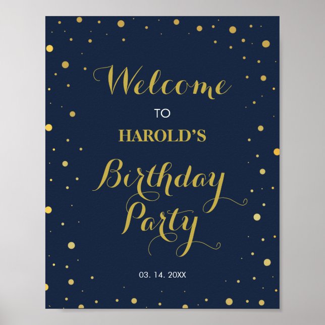 Modern Gold Confetti Navy 50th Birthday Welcome Poster (Front)