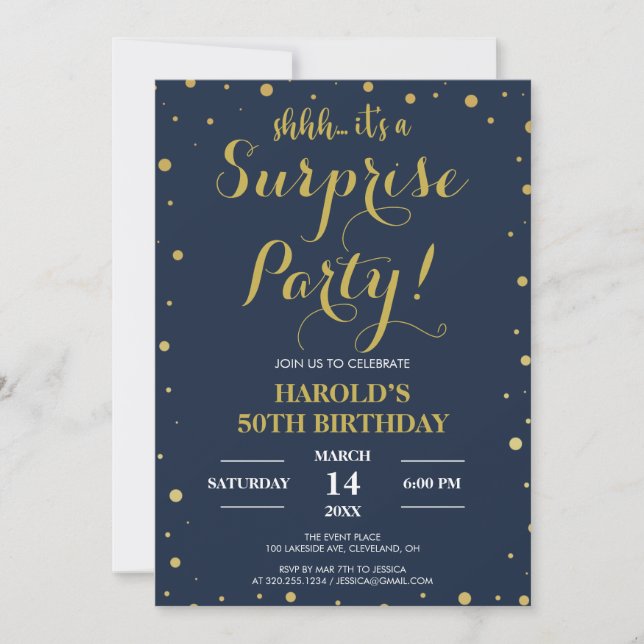 Modern Gold Confetti Navy 50th Surprise Birthday Invitation (Front)