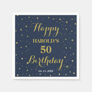 Modern Gold Confetti Navy 50th Surprise Birthday Napkins